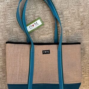 VM Blue and Cream Tote Bag with Durable Straps